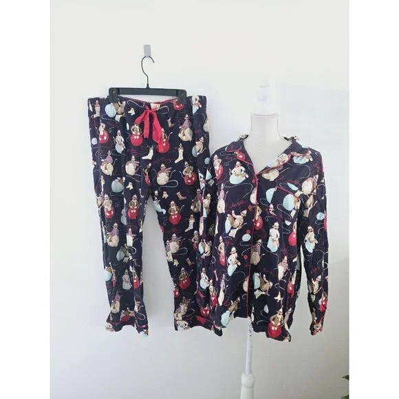 Nick & Nora Monkey Yarn Cotton Purple Flannel Christmas Sleep Pajamas Set XXL 2X - Picture 1 of 9